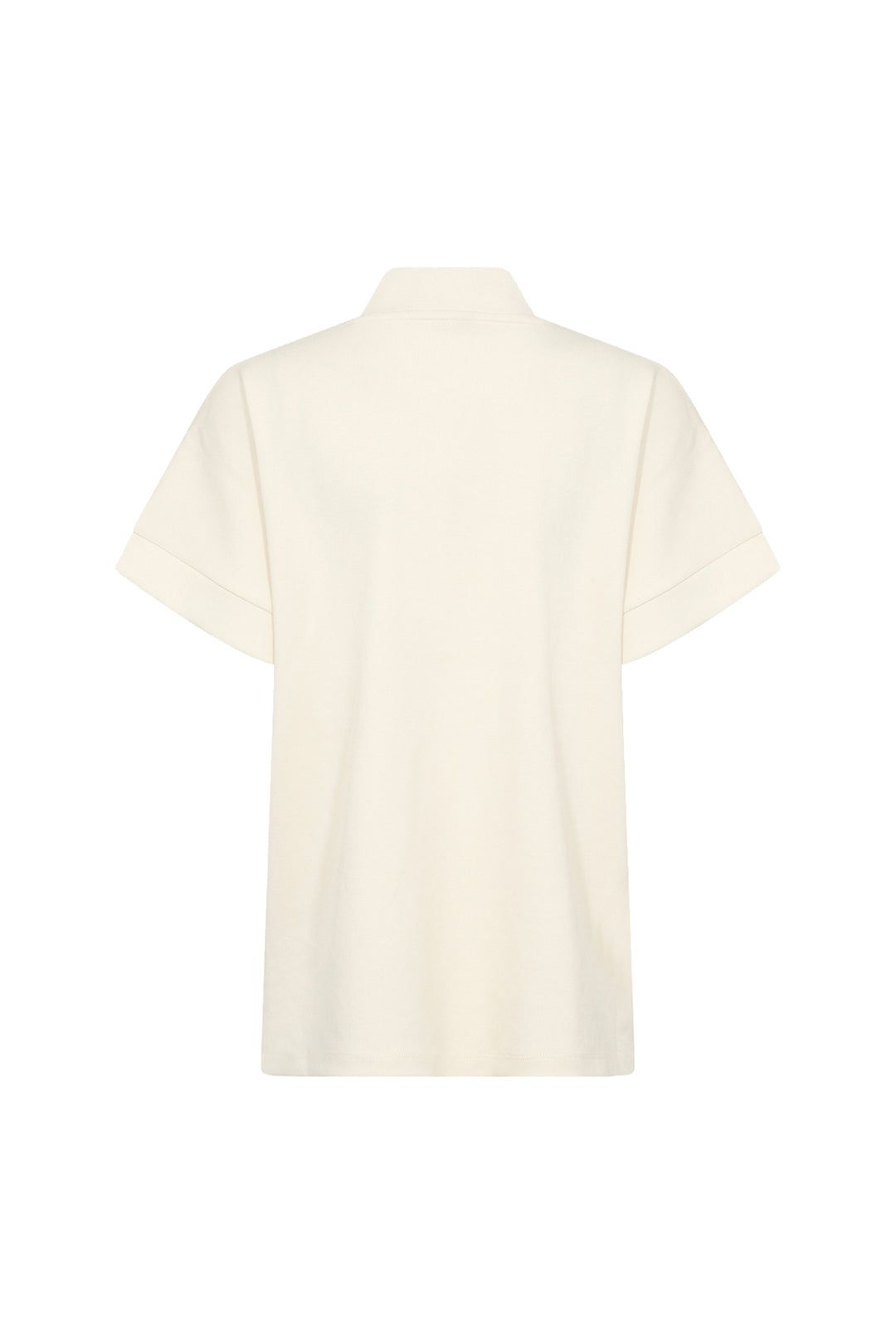 Cream short sleeve half zip top on a white background. 