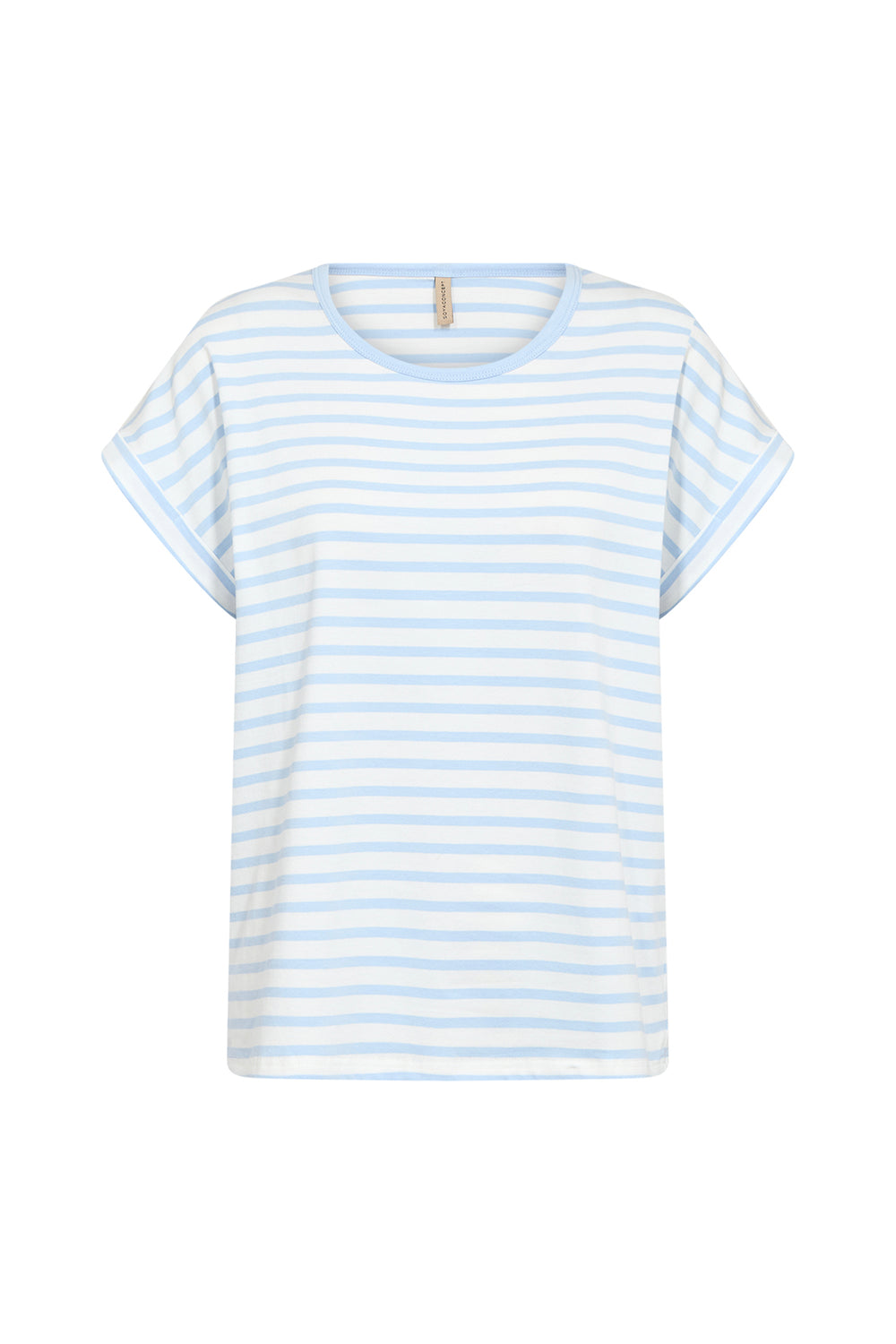 White t-shirt with blue stripes on a white background