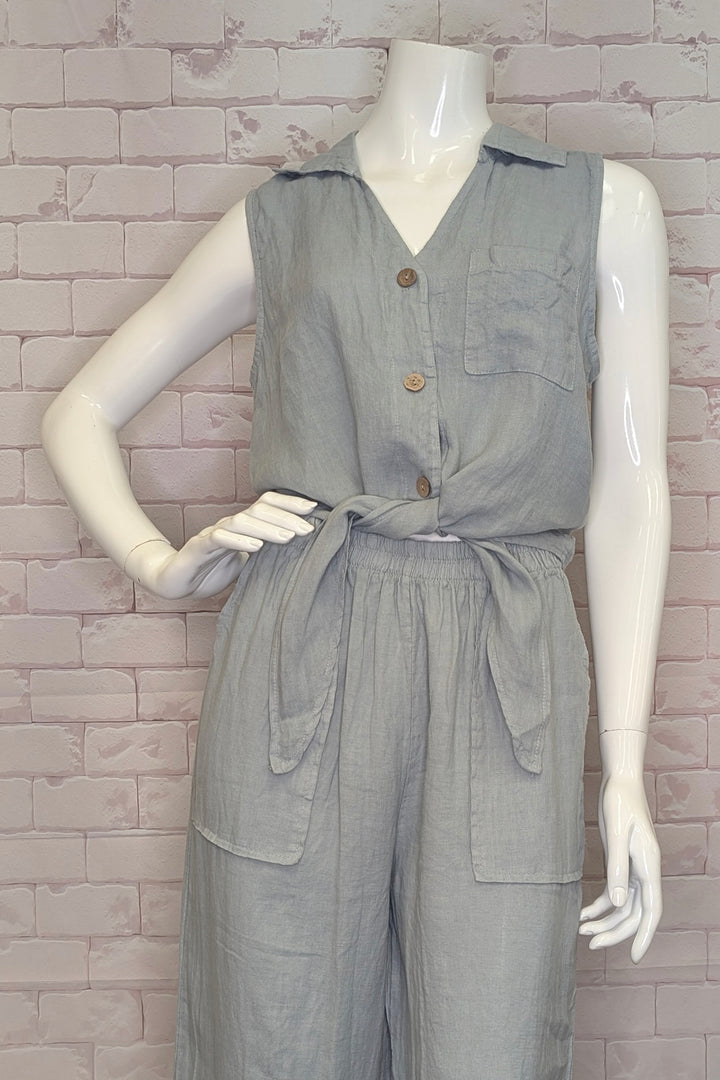 LINEN SLEEVELESS TIE FRONT SHIRT