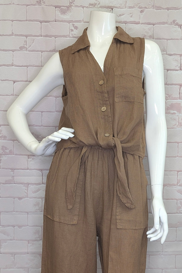 LINEN SLEEVELESS TIE FRONT SHIRT