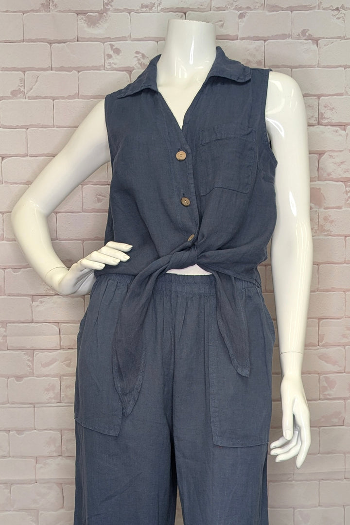 LINEN SLEEVELESS TIE FRONT SHIRT