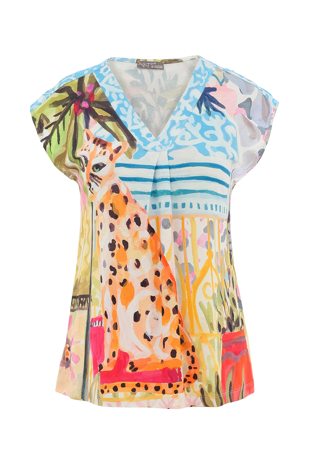 CHEETAH IN THE CITY PLEATED V-NECK TOP