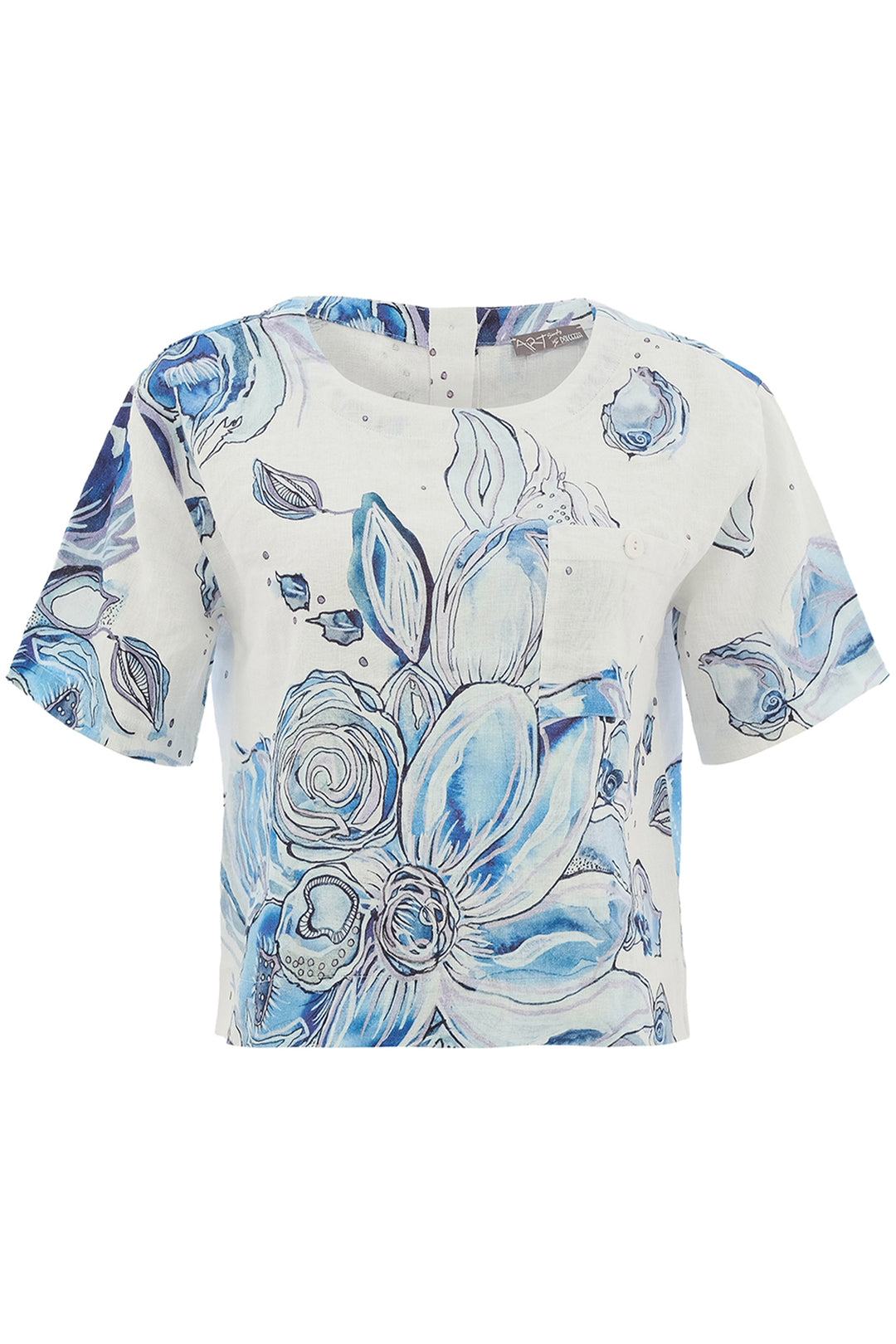 BLUE FLOWERS LINEN SS BUTTON BACK TOP