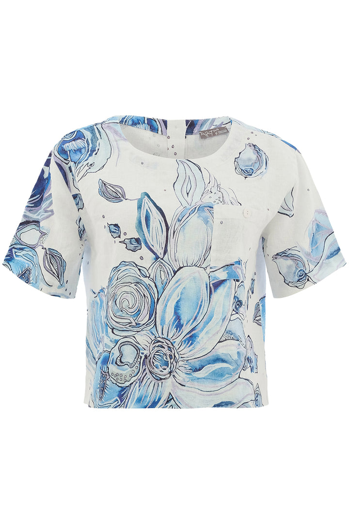 BLUE FLOWERS LINEN SS BUTTON BACK TOP