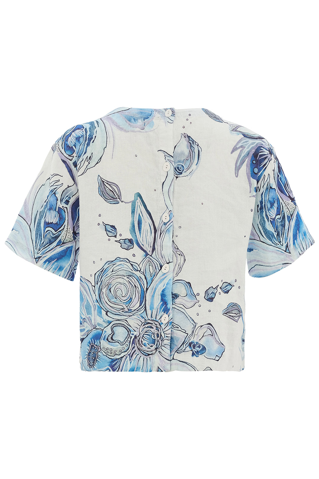 BLUE FLOWERS LINEN SS BUTTON BACK TOP