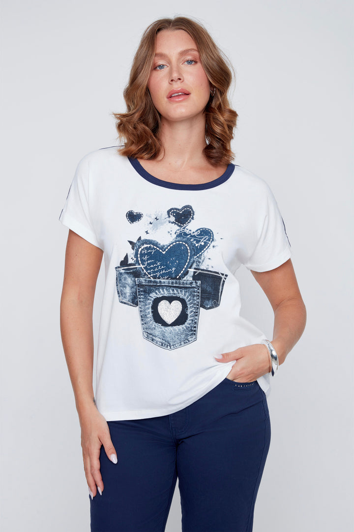 WHITE NAVY DENIM HEARTS TEE