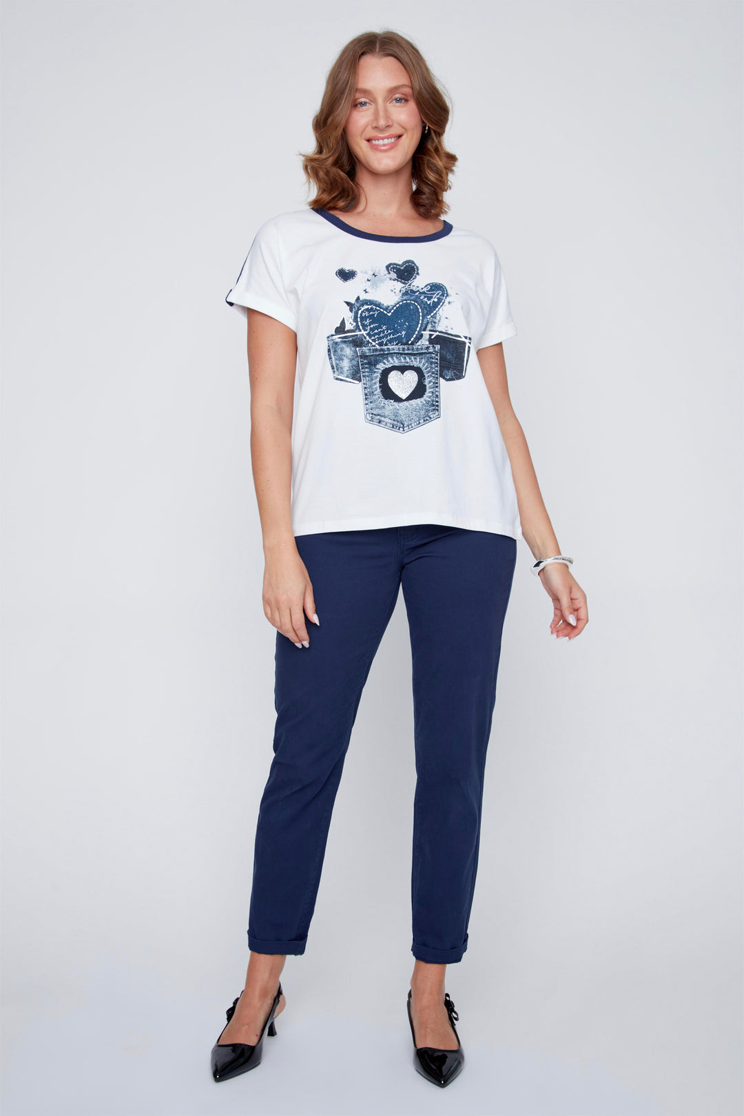 WHITE NAVY DENIM HEARTS TEE