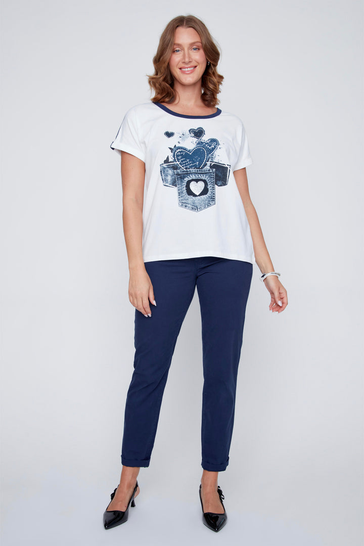 WHITE NAVY DENIM HEARTS TEE