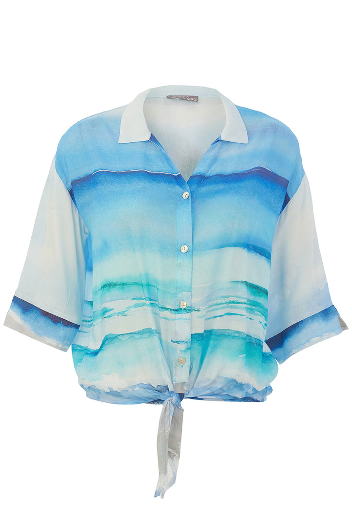 Short-sleeve shirt with watercolor design on a white background