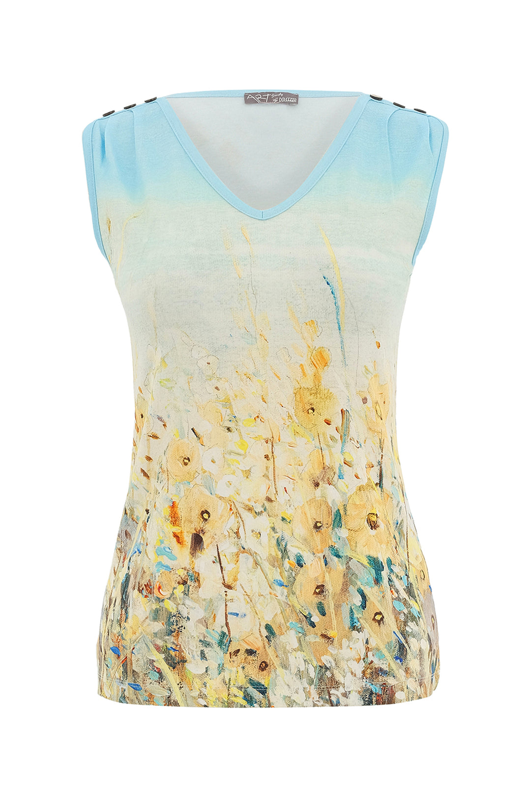 Sleeveless top with floral design and light blue trim on a white background