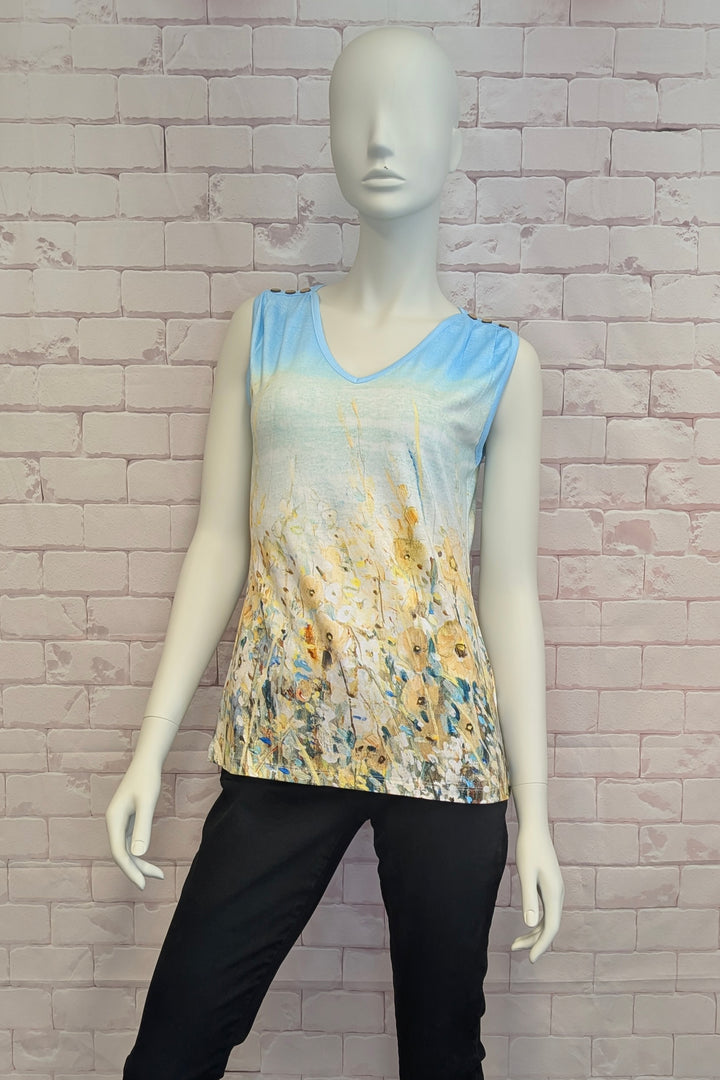 SHORELINE FLOWERS SLEEVELESS BUTTON SHOULDER TOP