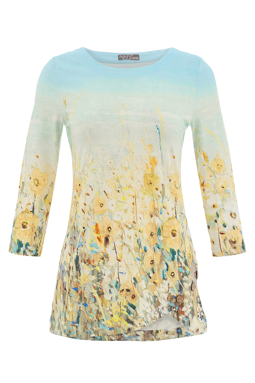 Floral print top with a gradient effect on a white background
