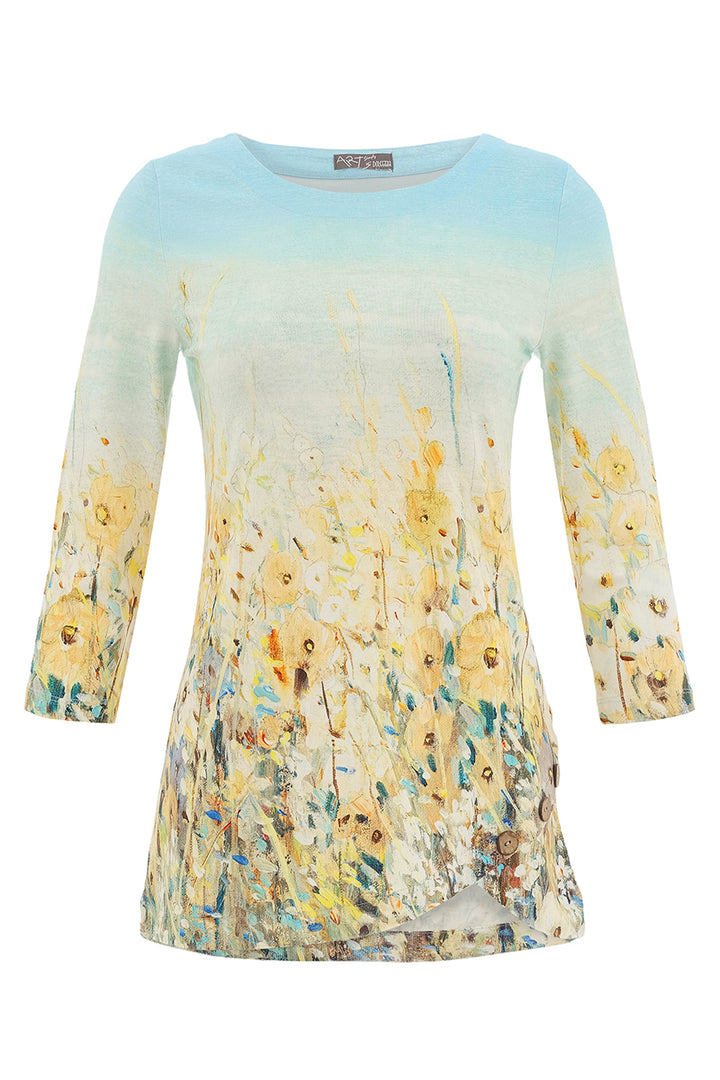 Floral print top with a gradient effect on a white background