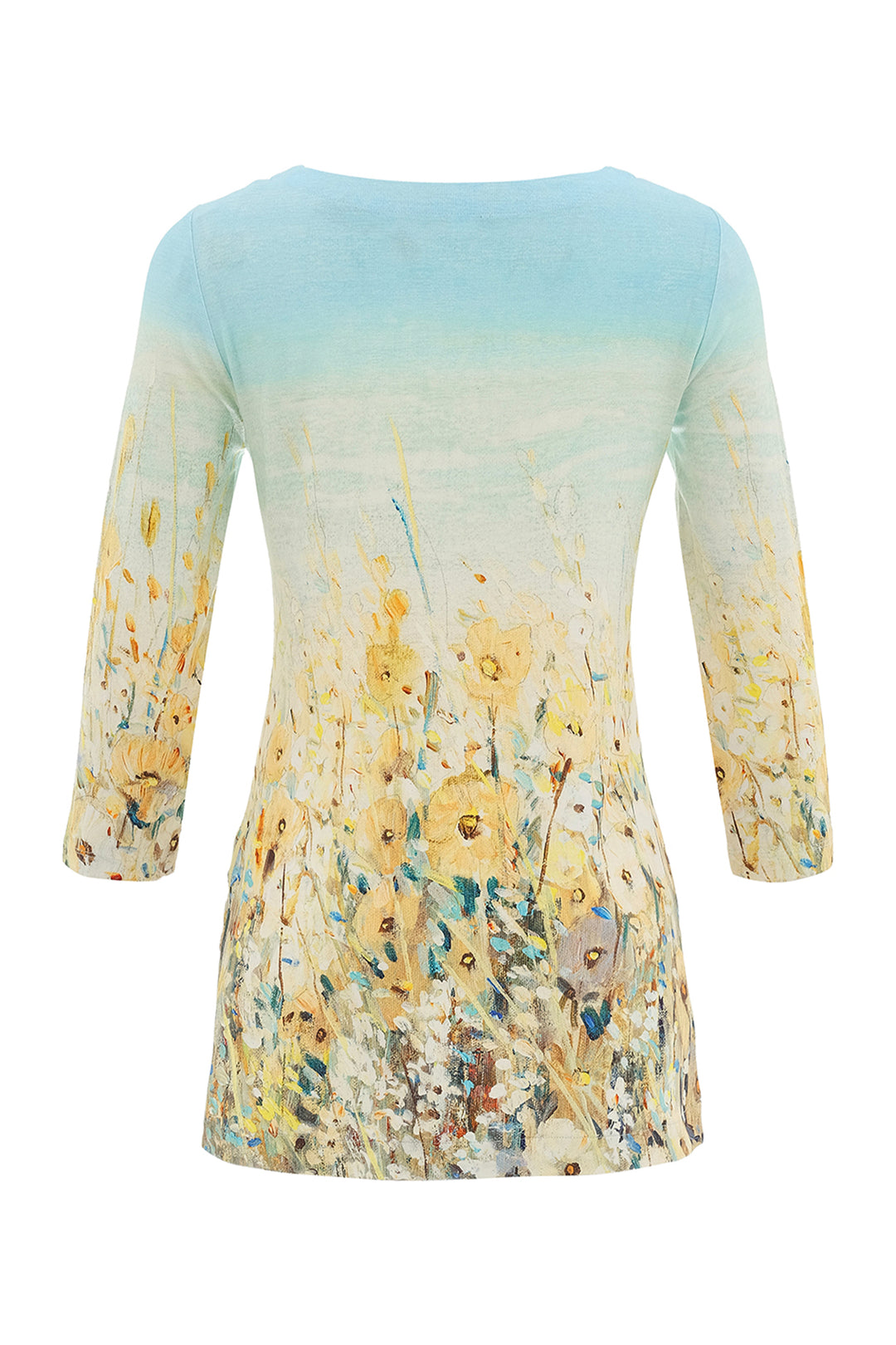 SHORELINE FLOWERS 3/4 SLEEVE TUNIC WITH BUTTON HEM DETAIL