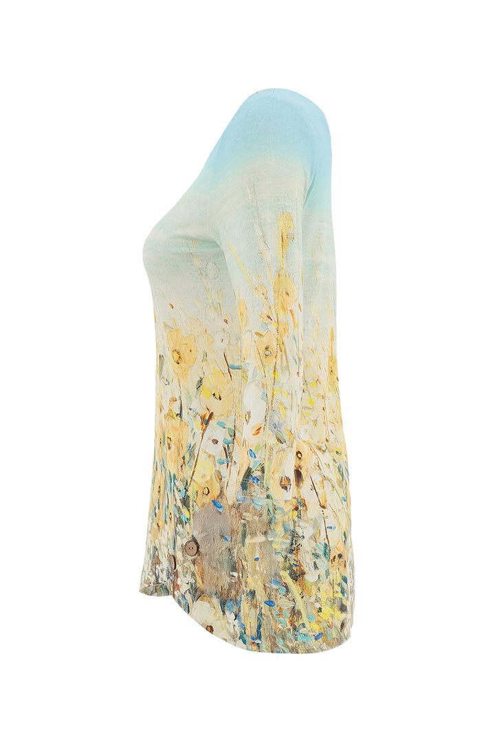 SHORELINE FLOWERS 3/4 SLEEVE TUNIC WITH BUTTON HEM DETAIL