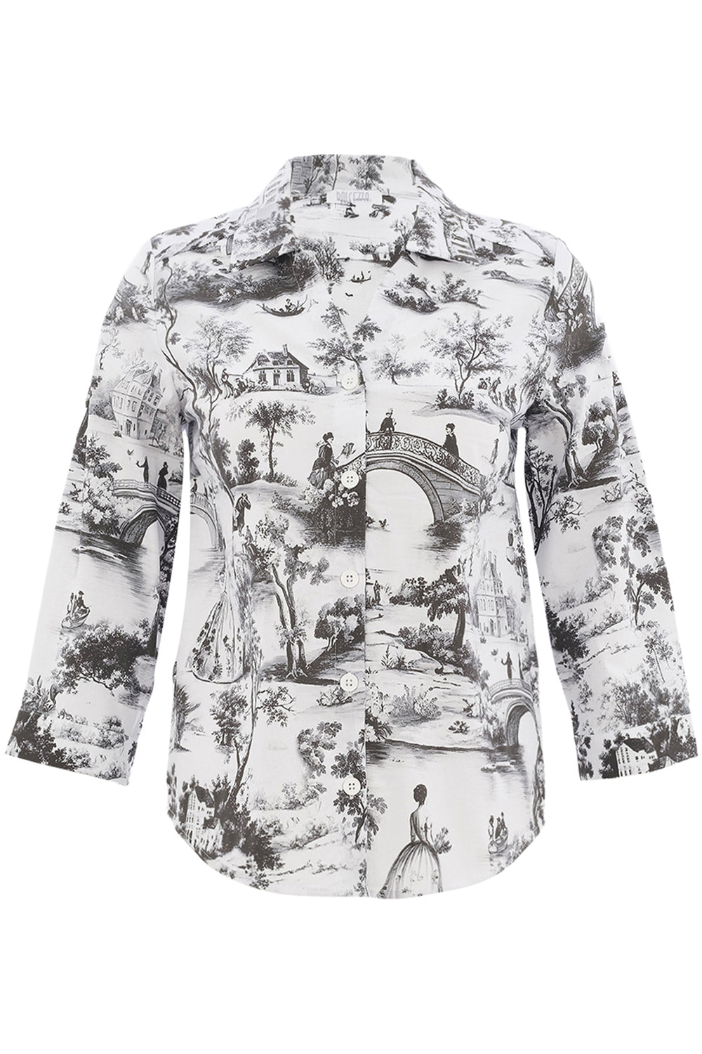 Black & white blouse with 3/4 sleeves and classic collar on white background. 