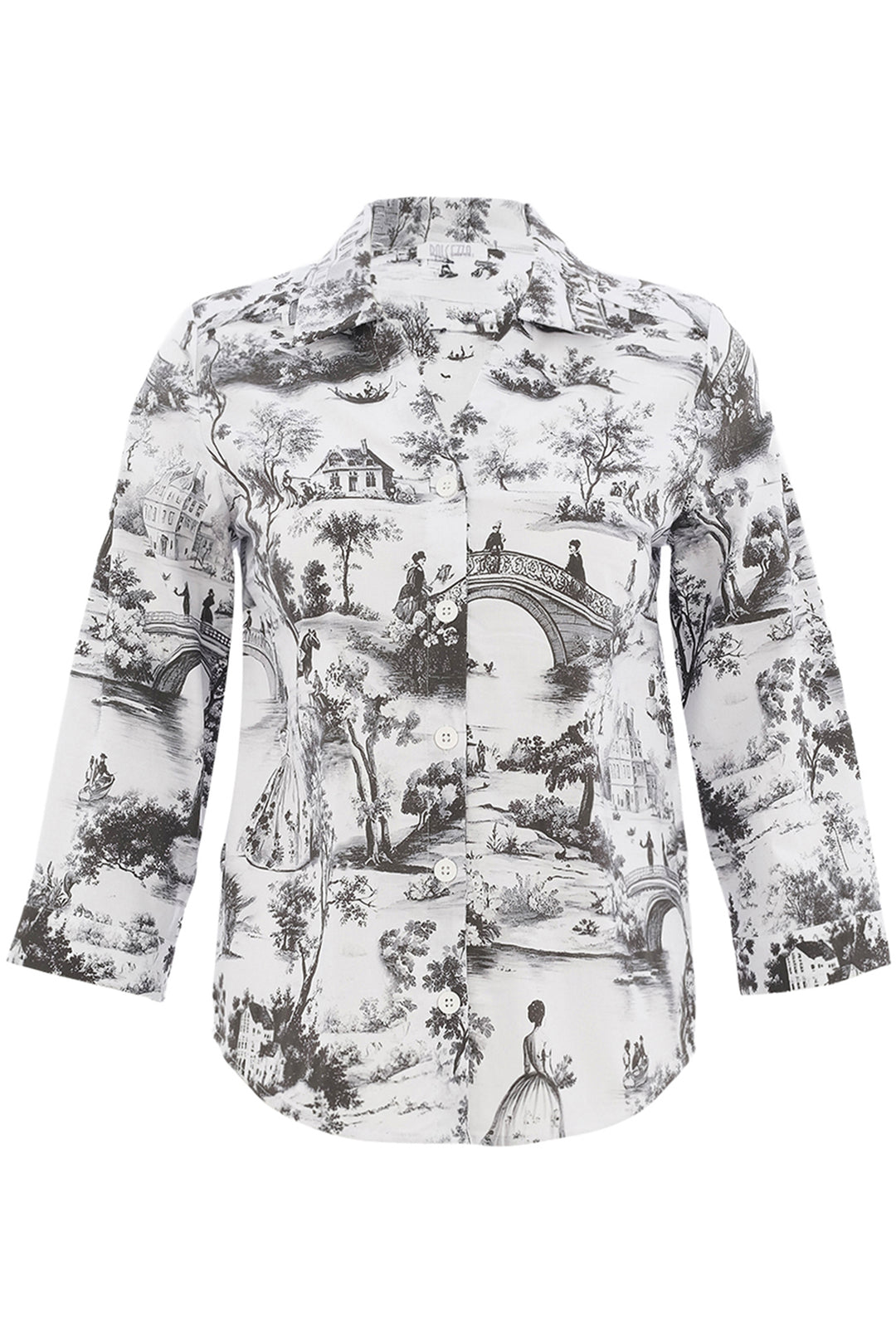 Black & white blouse with 3/4 sleeves and classic collar on white background. 