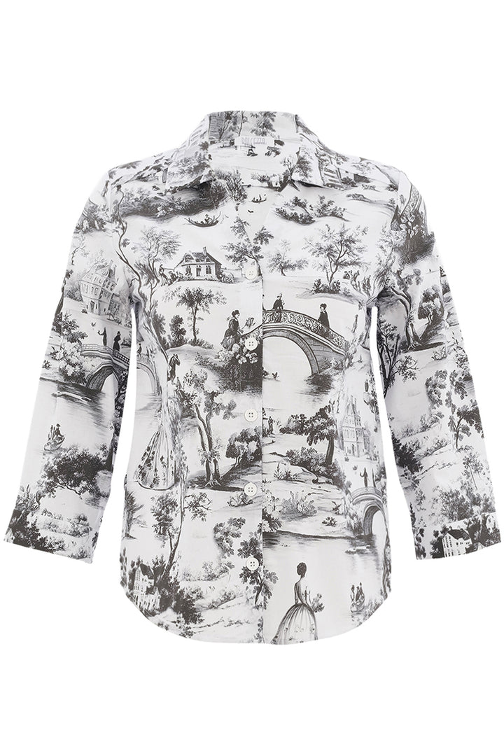 Black & white blouse with 3/4 sleeves and classic collar on white background. 