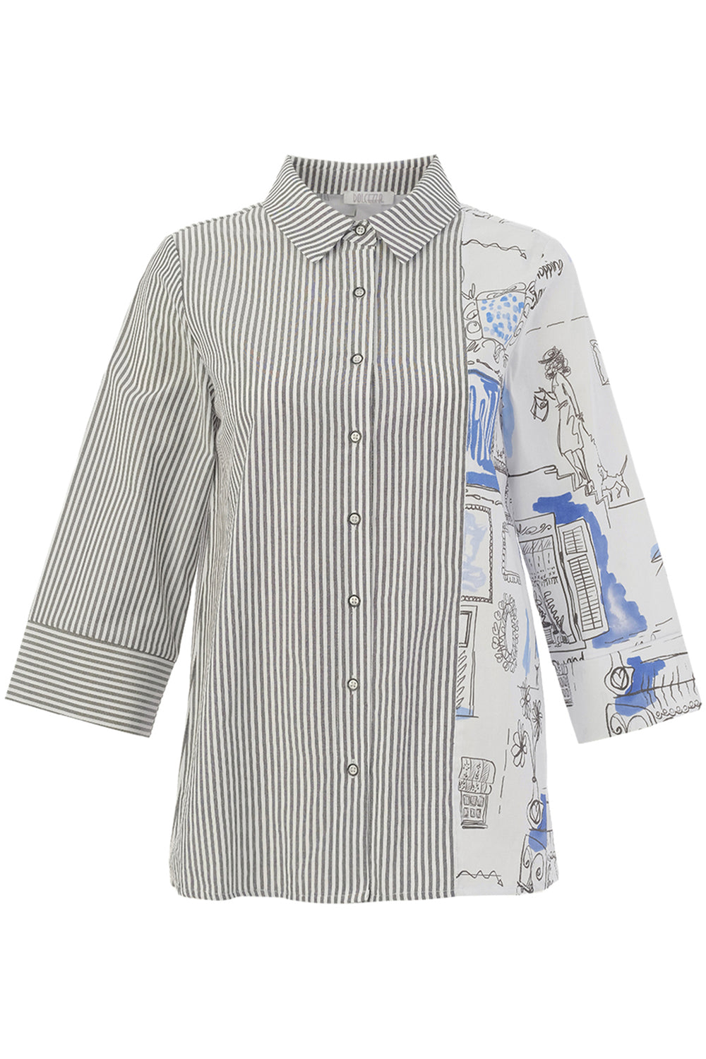Long-sleeve shirt with a mix of striped and graphic designs on a white background