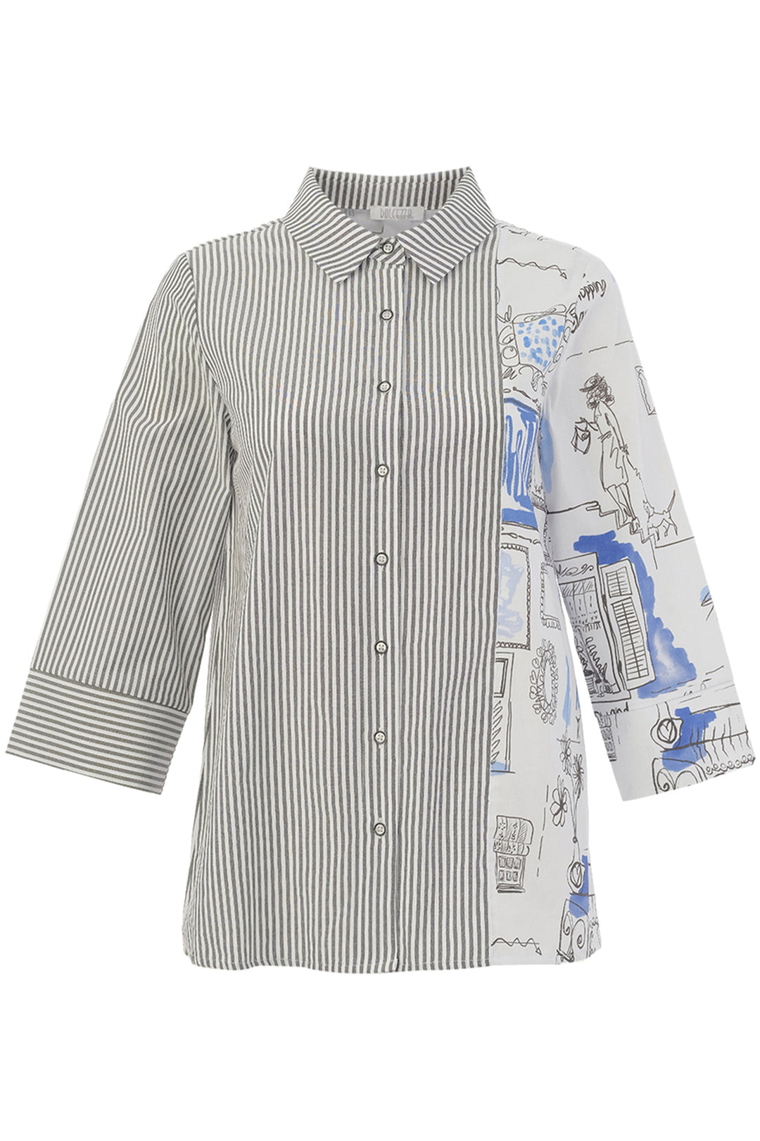 Long-sleeve shirt with a mix of striped and graphic designs on a white background