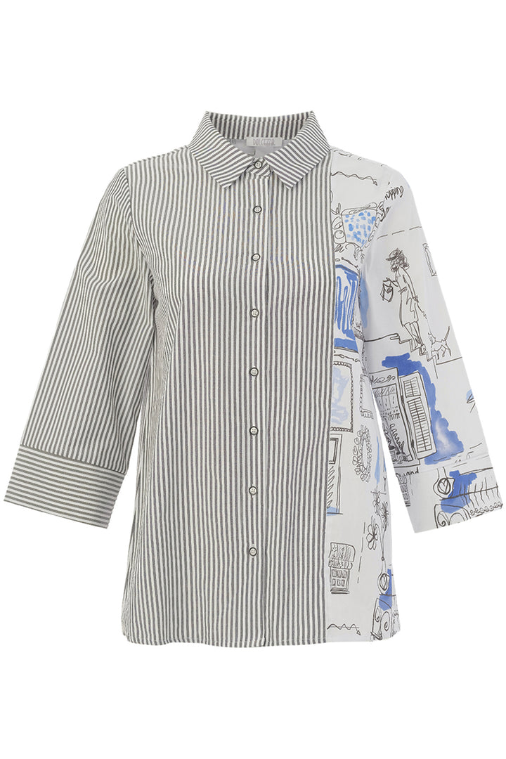 Long-sleeve shirt with a mix of striped and graphic designs on a white background