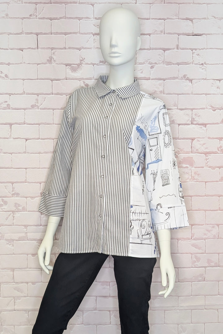 STRIPE &amp; ILLUSTRATIVE PRINT BLOUSE