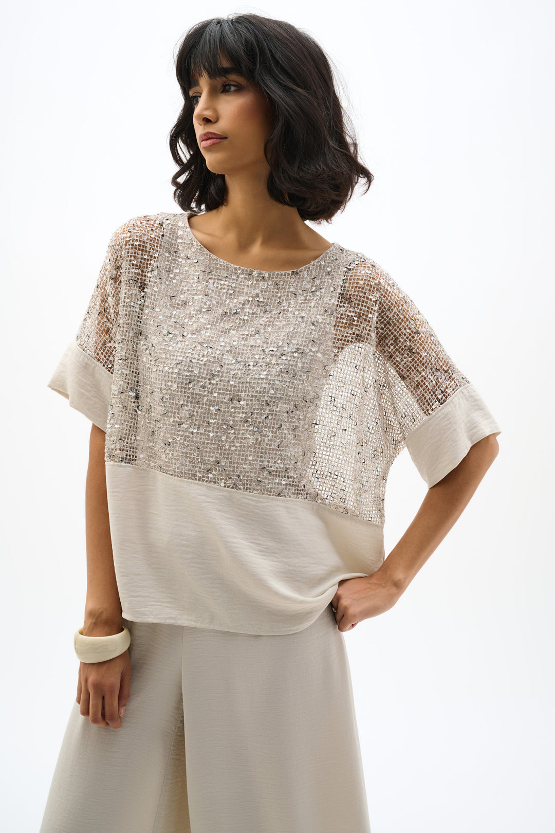 SEQUIN MESH & GAUZE TOP