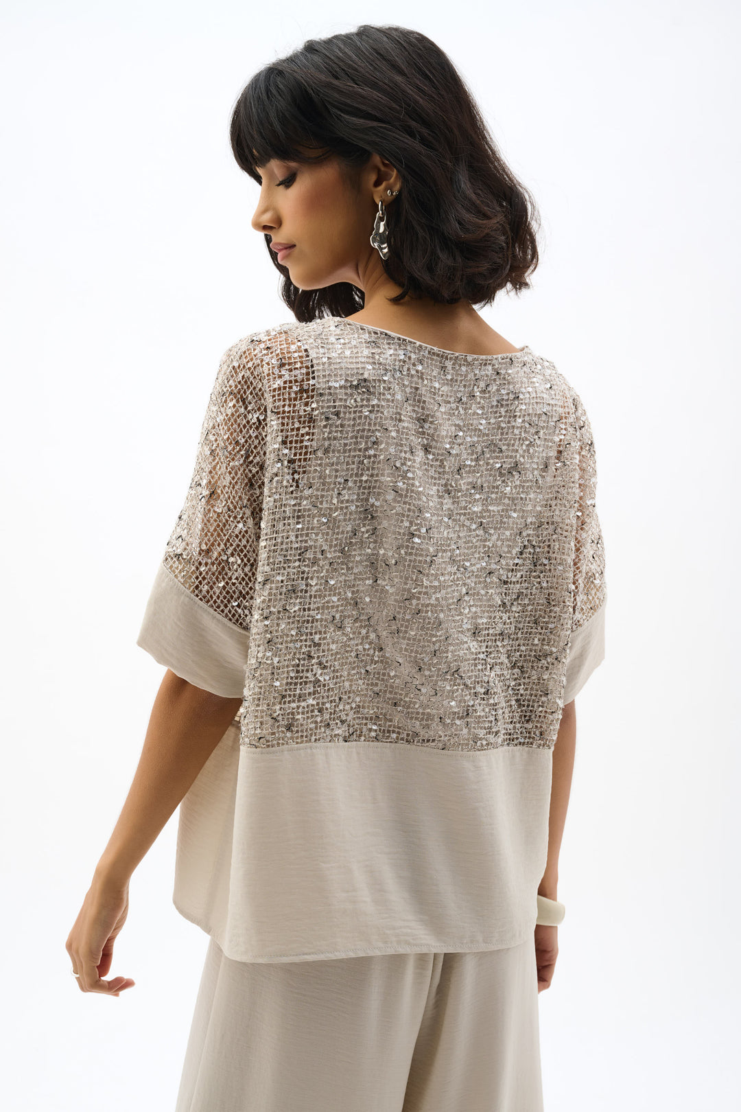 SEQUIN MESH & GAUZE TOP