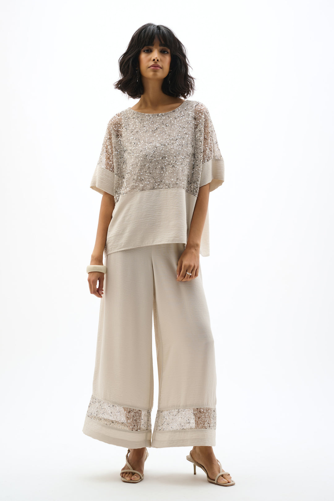 SEQUIN MESH & GAUZE TOP