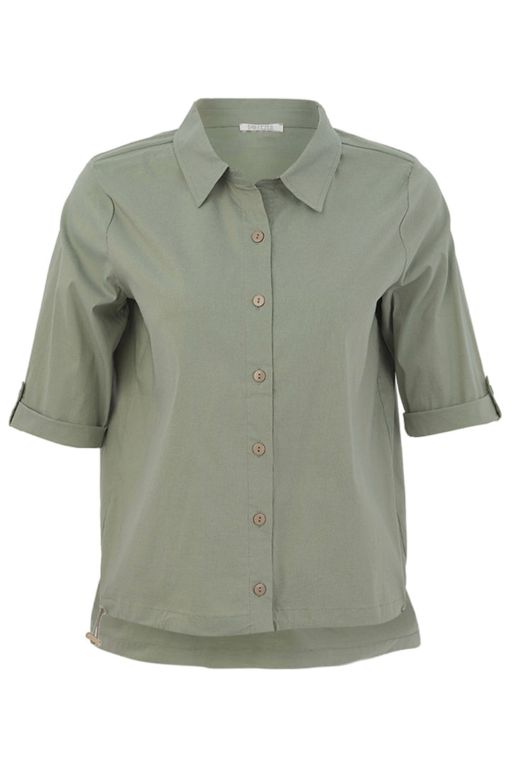 Green shirt with rolled-up button tab sleeves on a white background