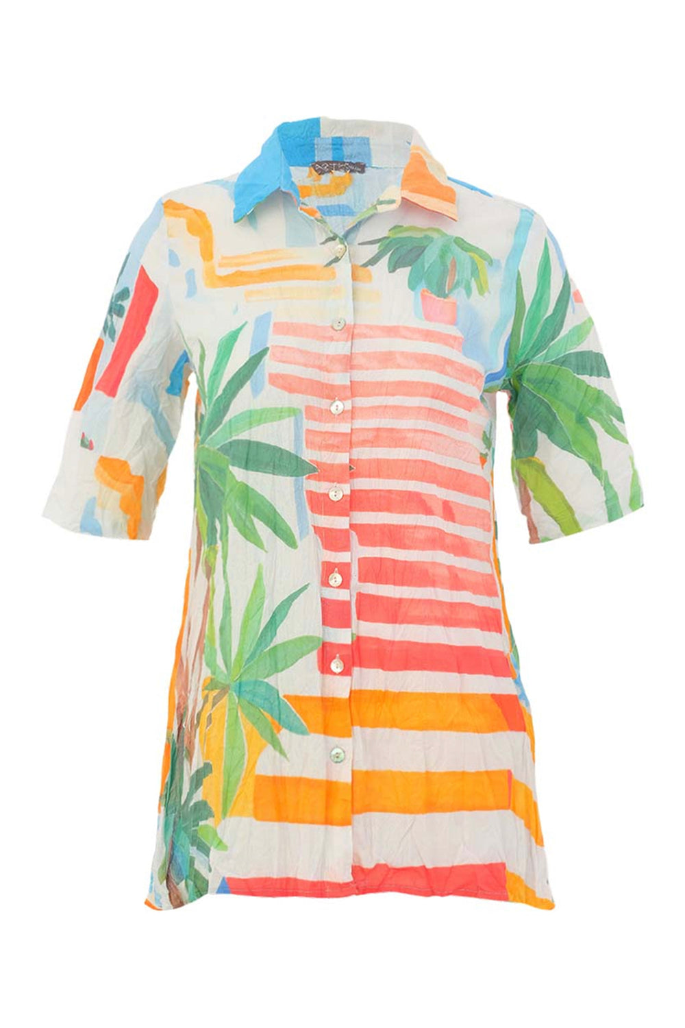 Colorful striped shirt with tropical leaf patterns on a white background