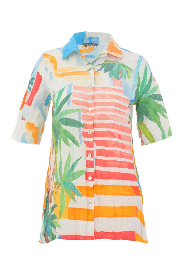 Colorful striped shirt with tropical leaf patterns on a white background
