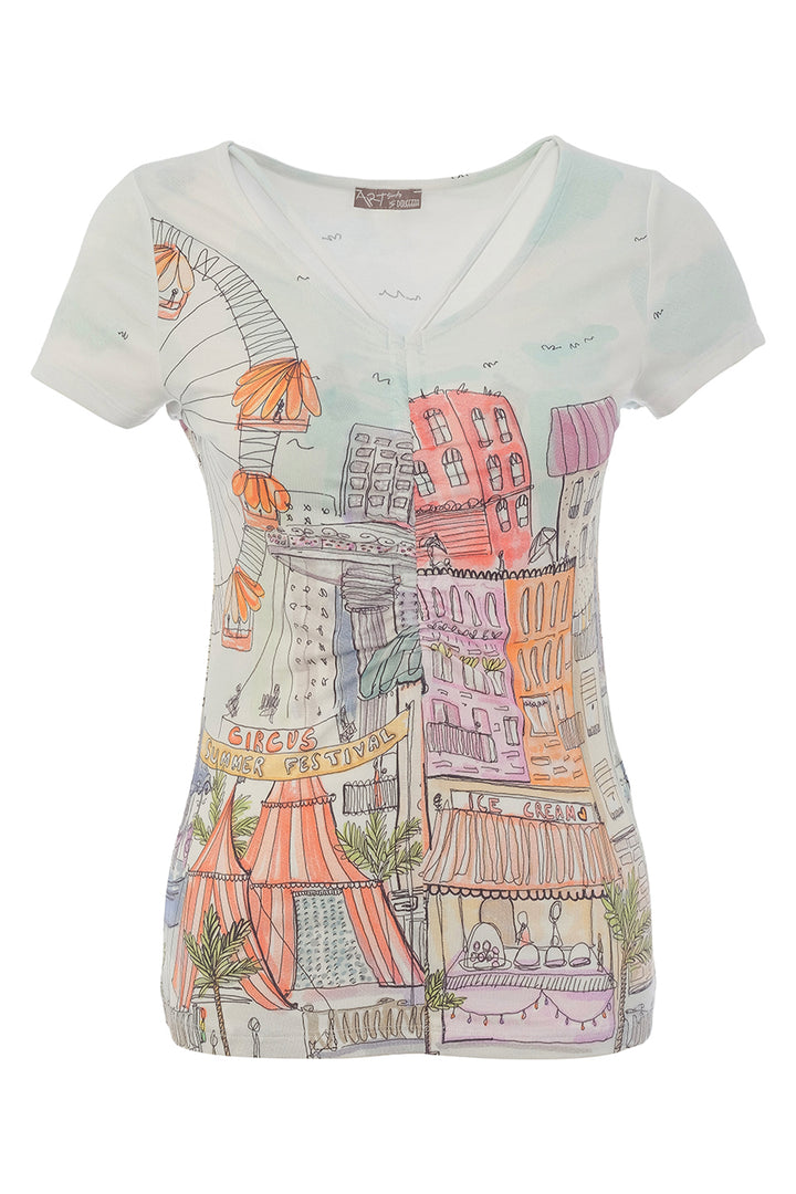 White t-shirt with colorful cityscape design on a white background