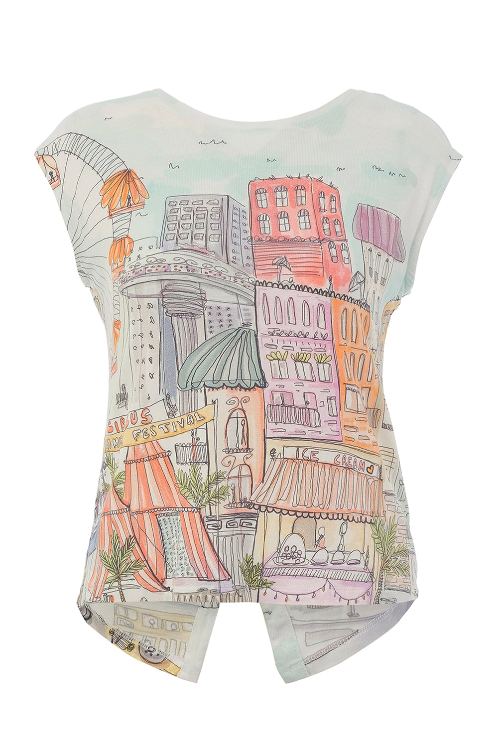 Short cap sleeves top with colorful cityscape design on a white background