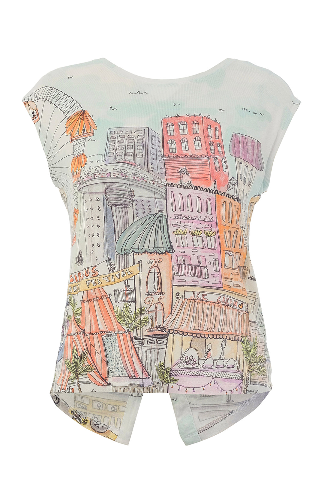 Short cap sleeves top with colorful cityscape design on a white background