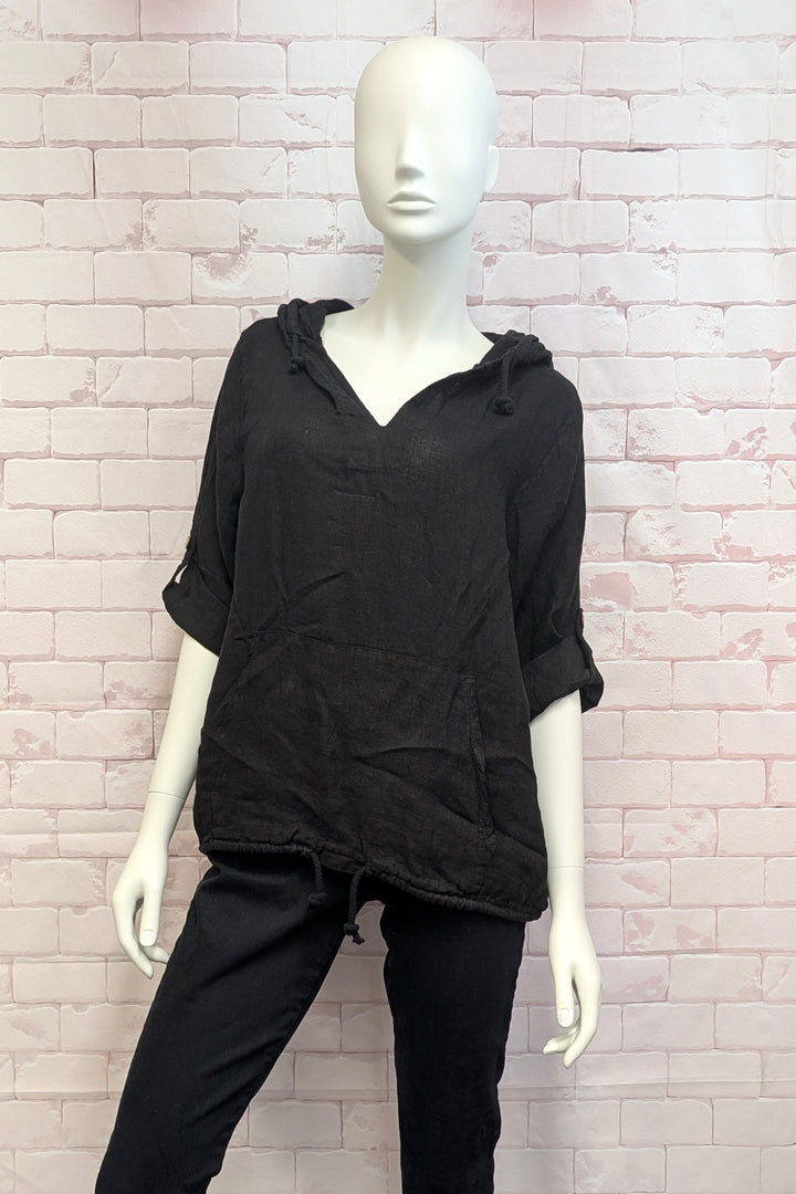 LINEN HOODIE TOP WITH FRONT POCKET