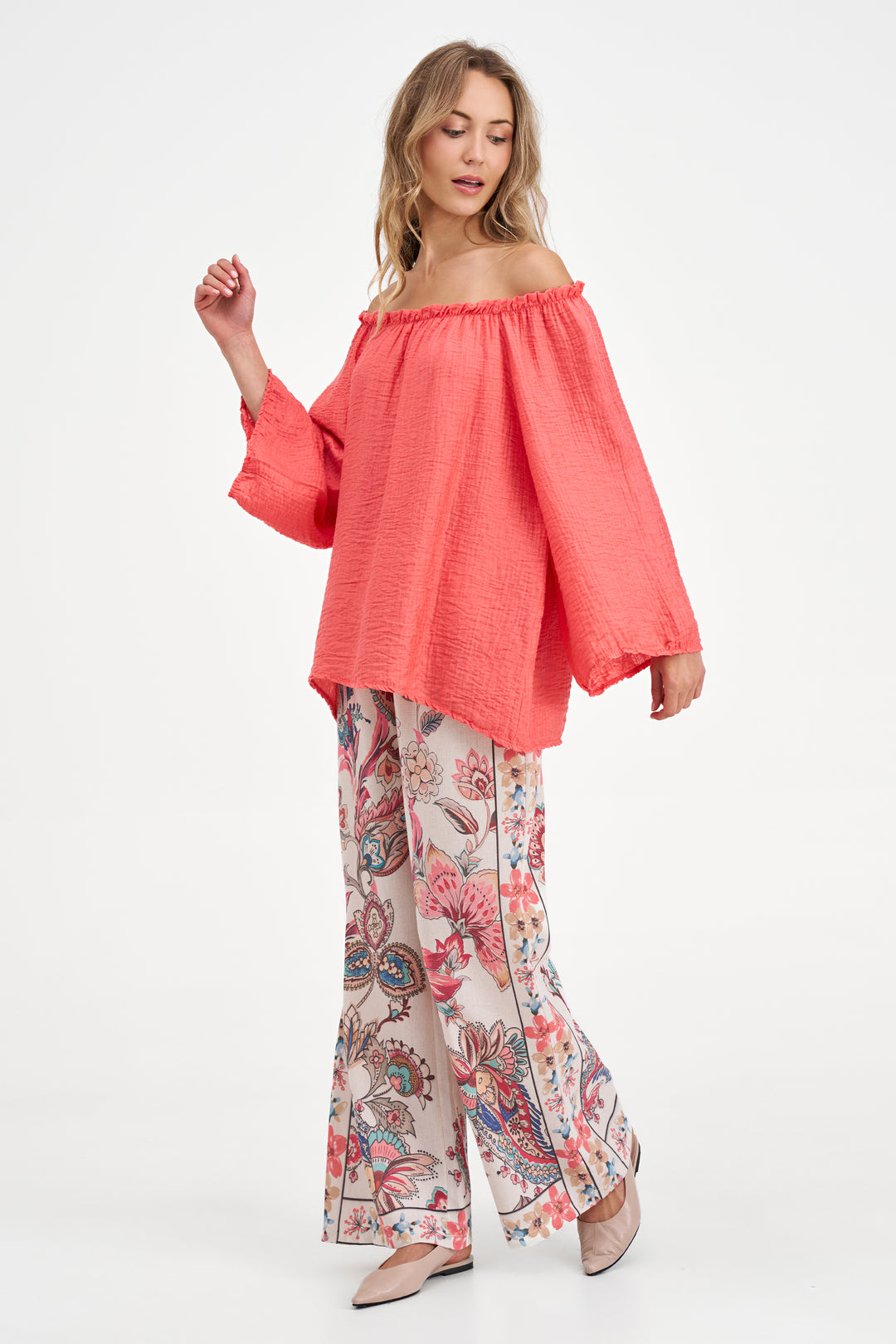 CRINKLE GAUZE OFF SHOULDER TOP
