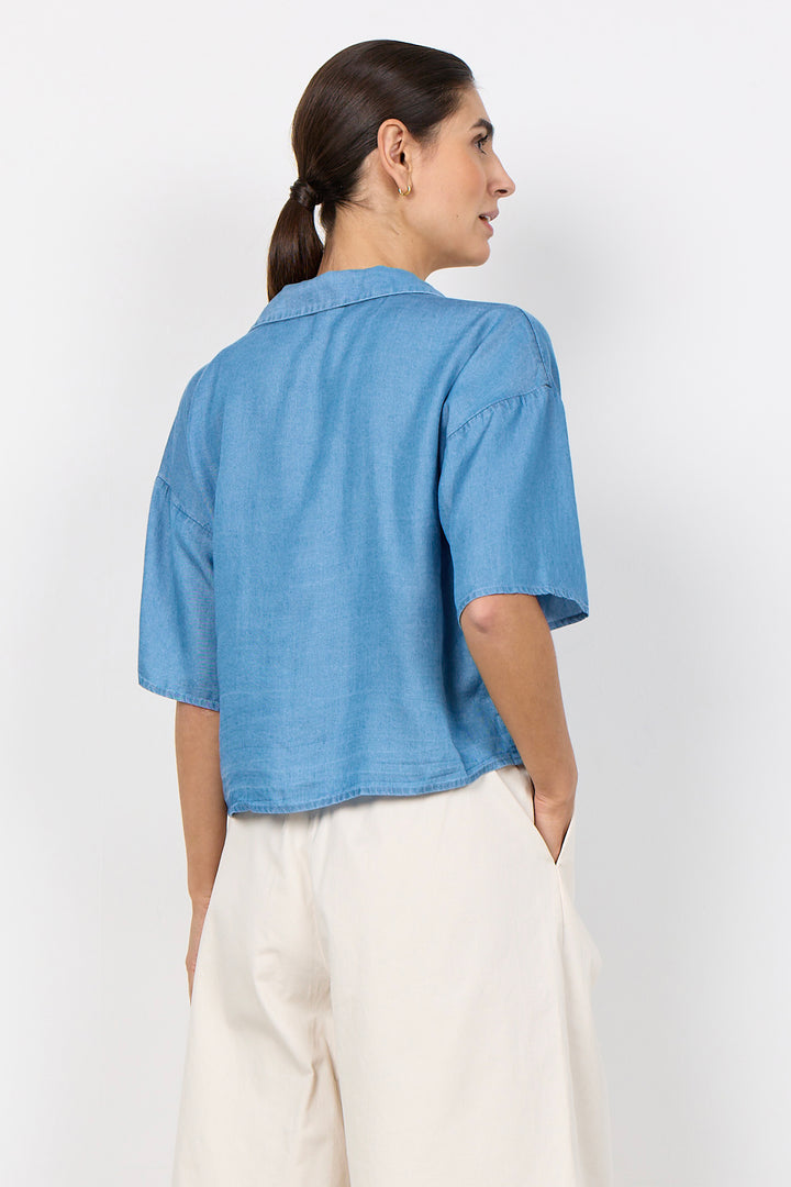 LYOCELL CHAMBRAY TIE FRONT BLOUSE