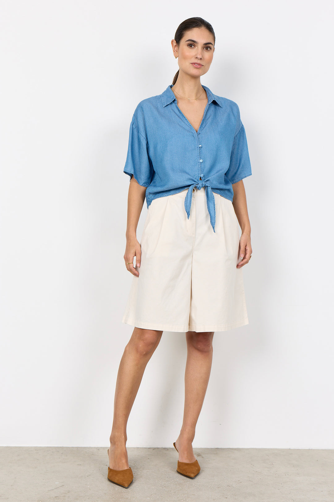 LYOCELL CHAMBRAY TIE FRONT BLOUSE