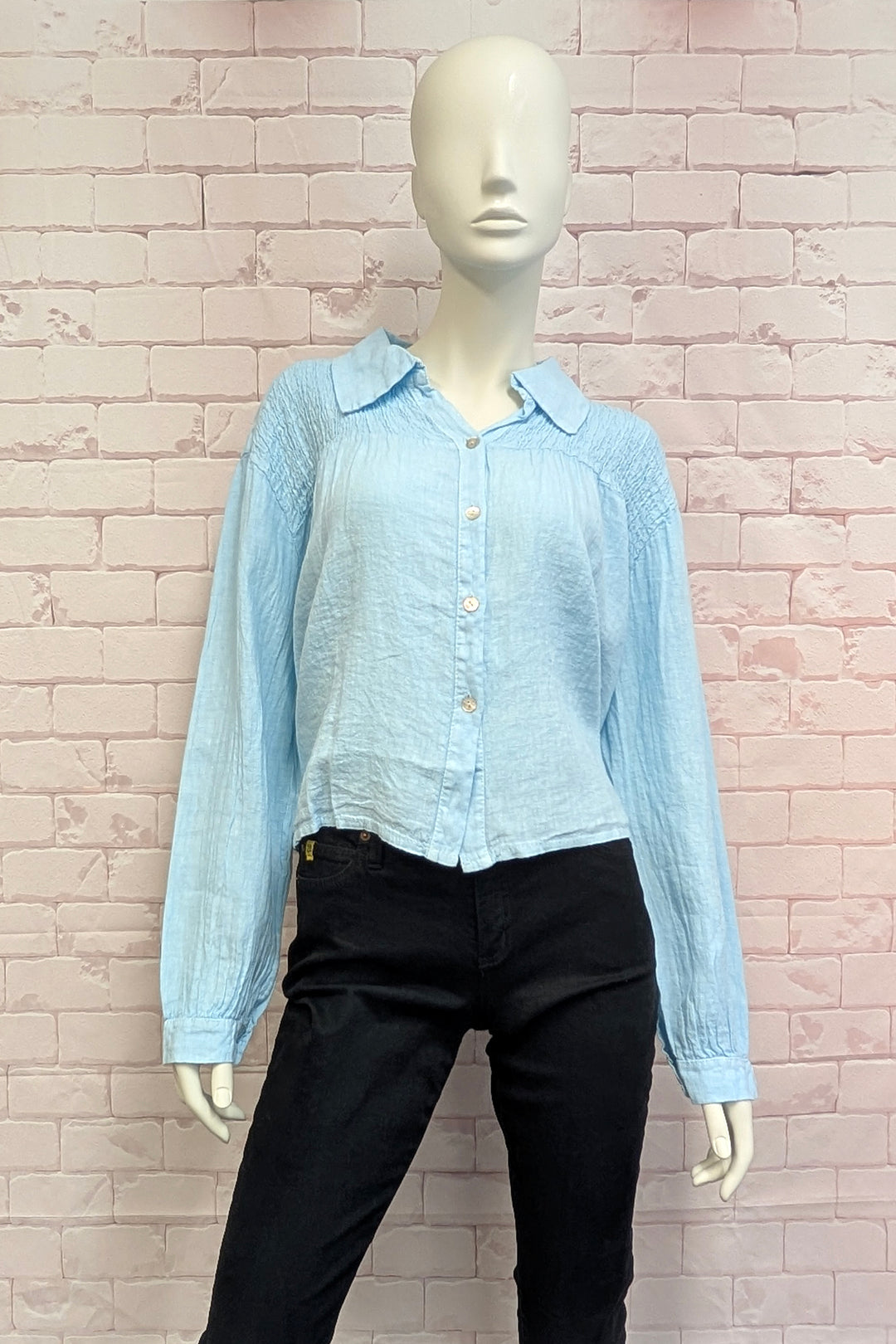 Mannequin wearing a light blue button-up shirt and black pants against a brick wall.