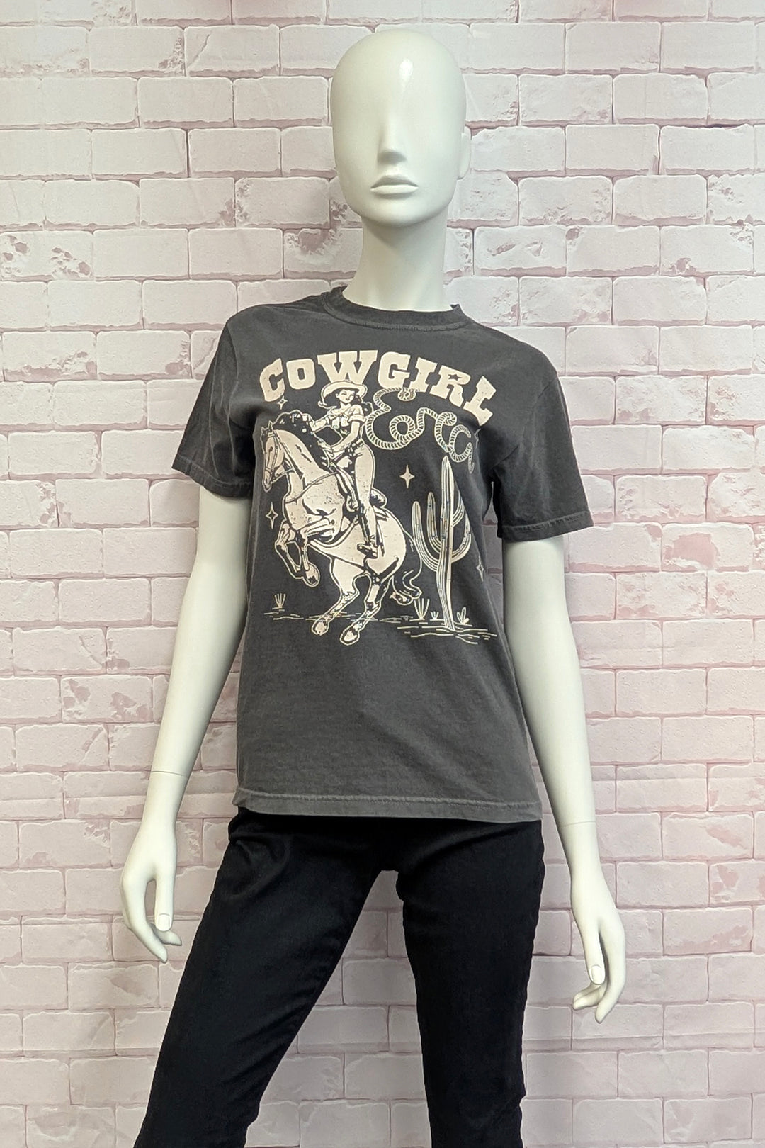 Mannequin wearing a gray t-shirt with &