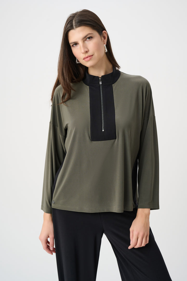CONTRAST ZIP NECK LS DOLMAN TOP