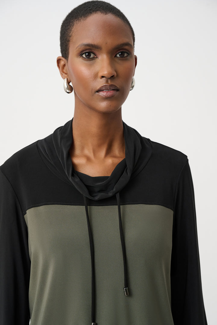 COLOURBLOCK DRAWSTRING COWL NECK TOP