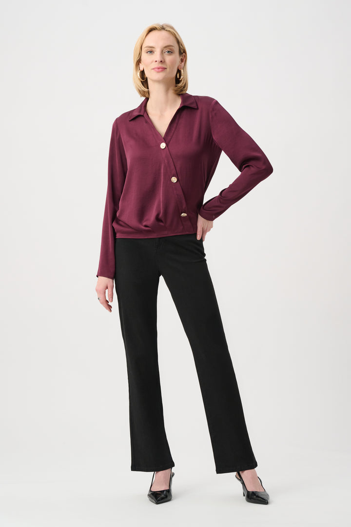 SATIN V-NECK POPOVER WITH GOLD BUTTONS