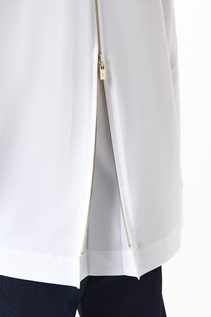 White blouse with a gold zipper on a white background