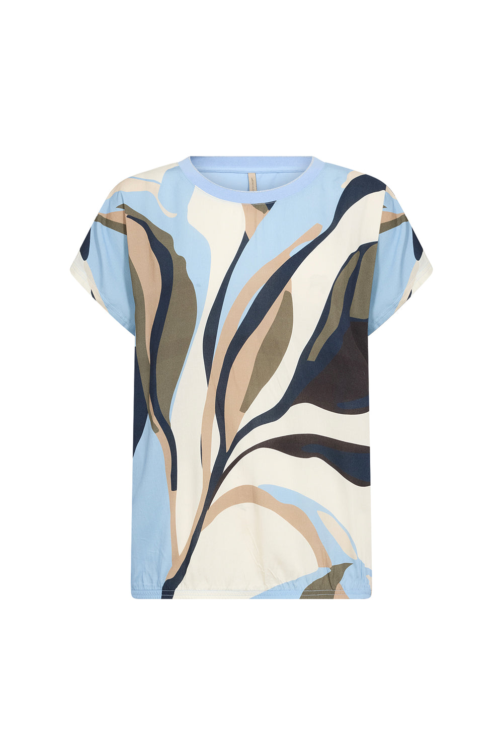 women's blue t-shirt style blouse on a white background. 