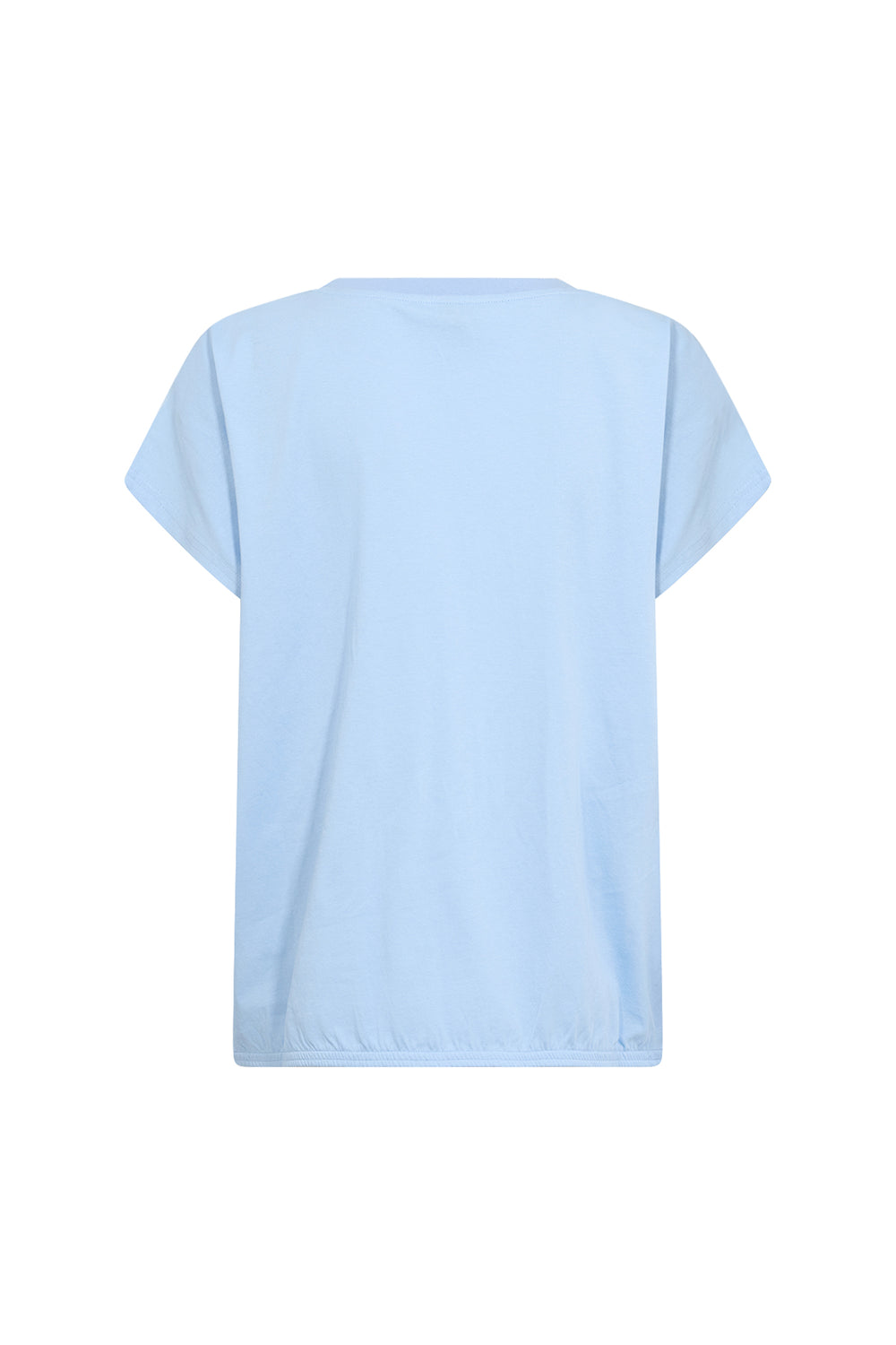 womens blue t-shirt style blouse on a white background. 