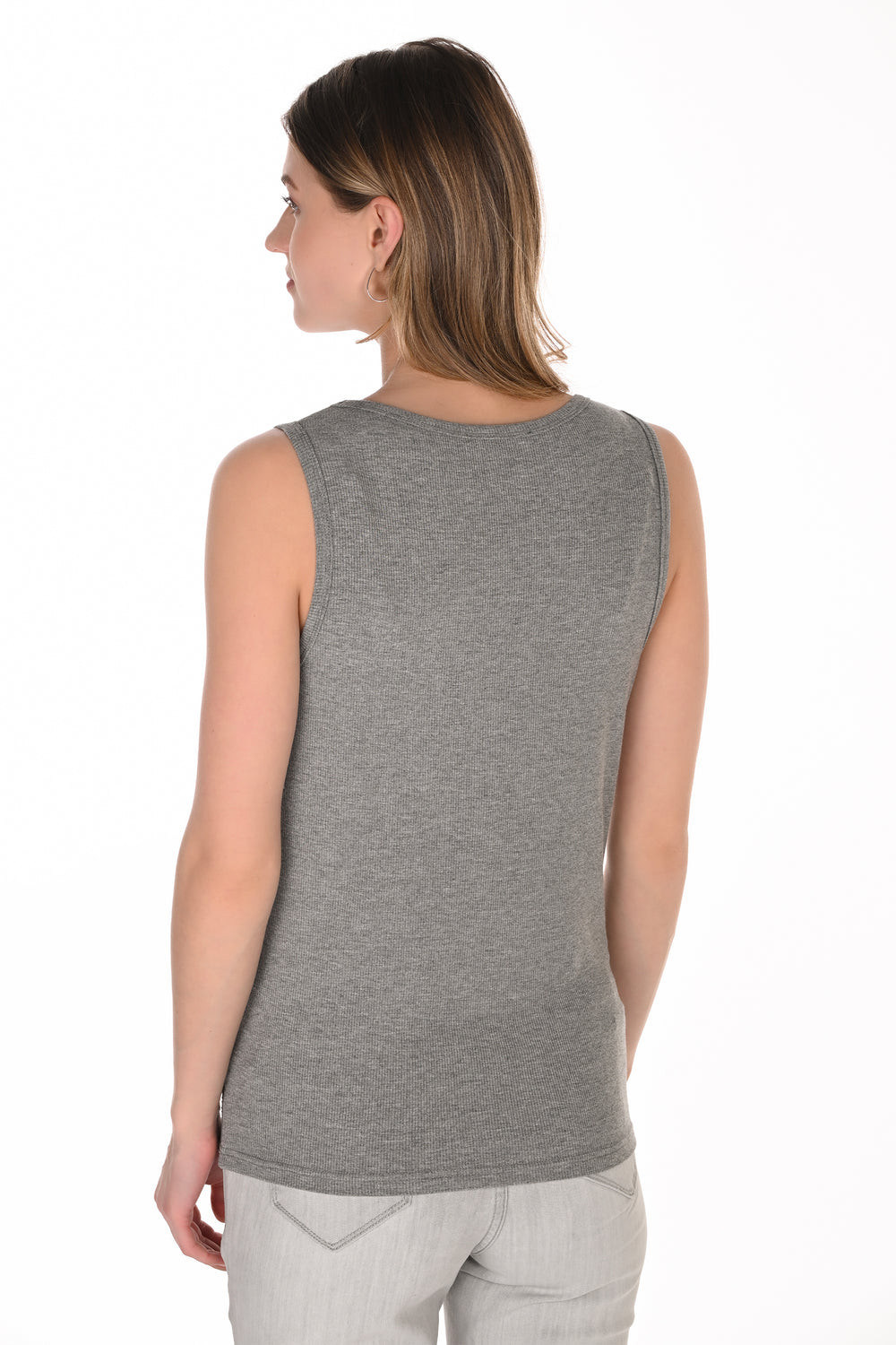 A woman shown from the back wearing a heather gray sleeveless top and light gray pants against a plain white background.