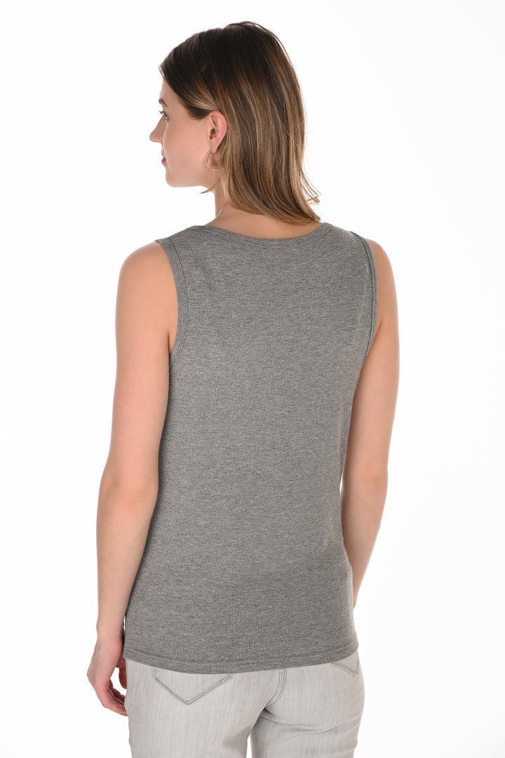 A woman shown from the back wearing a heather gray sleeveless top and light gray pants against a plain white background.