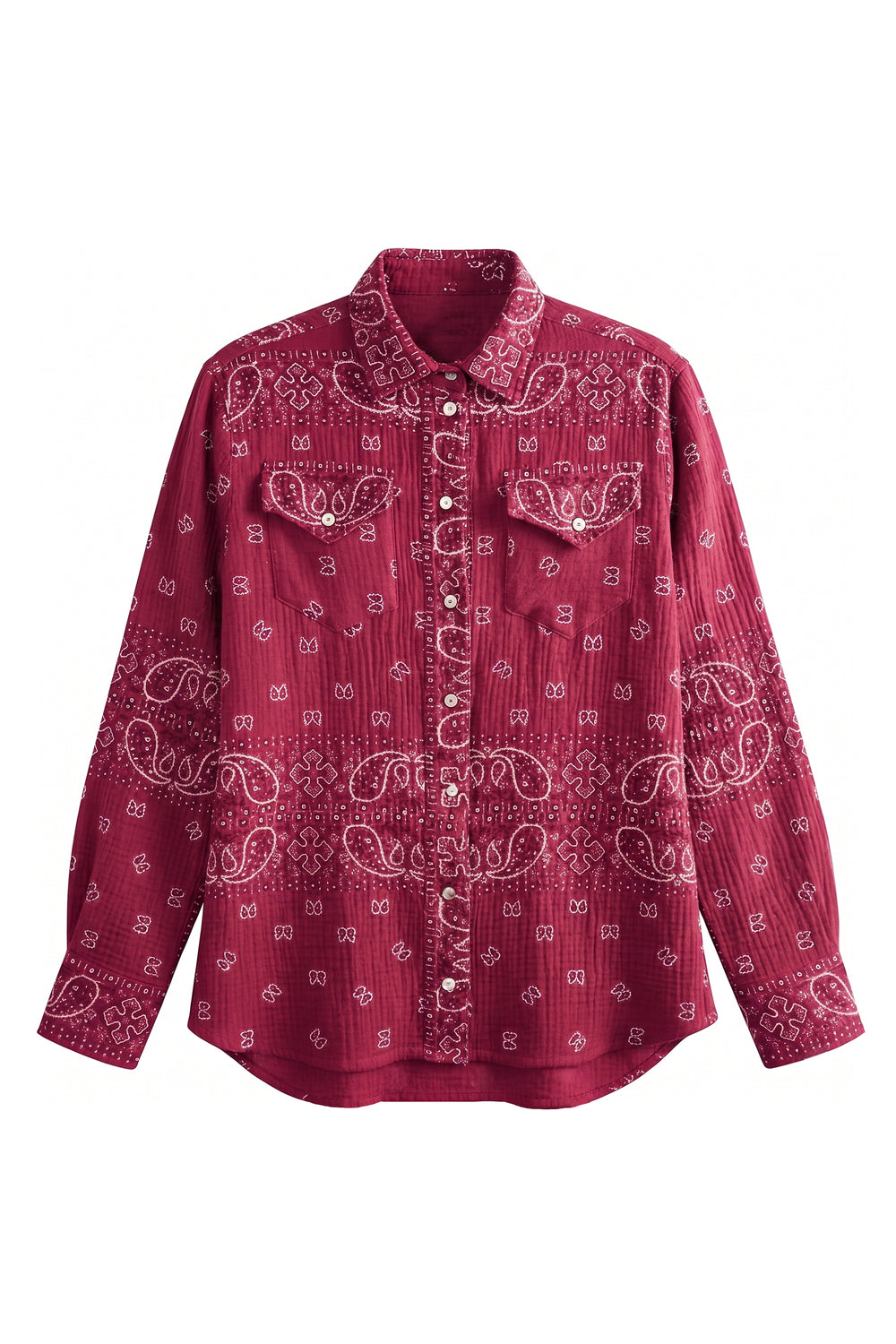 A long-sleeve button-up shirt in a deep burgundy red, featuring a white paisley bandana print and two chest pockets with decorative button flaps.
